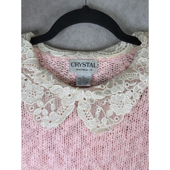 VTG 80s  Crystal Sportswear Sweater Women Large Pink Lace Collar Short Sleeve - Picture 3 of 5